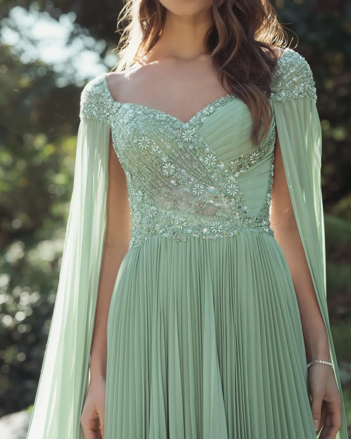 Mac Duggal Green Embellished Chiffon Cape Sleeve A Line Gown #37034 Sage