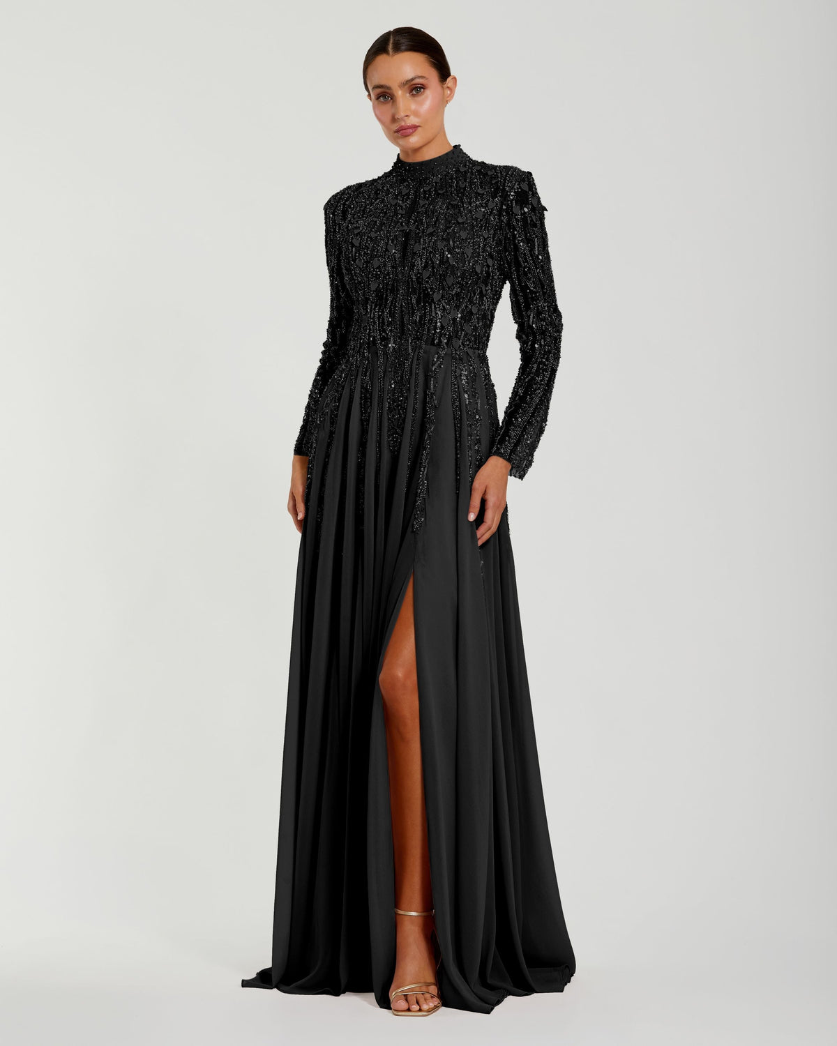 Mac Duggal #37037 black embellished long sleeve gown with slit