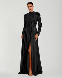 Mac Duggal #37037 black embellished long sleeve gown with slit