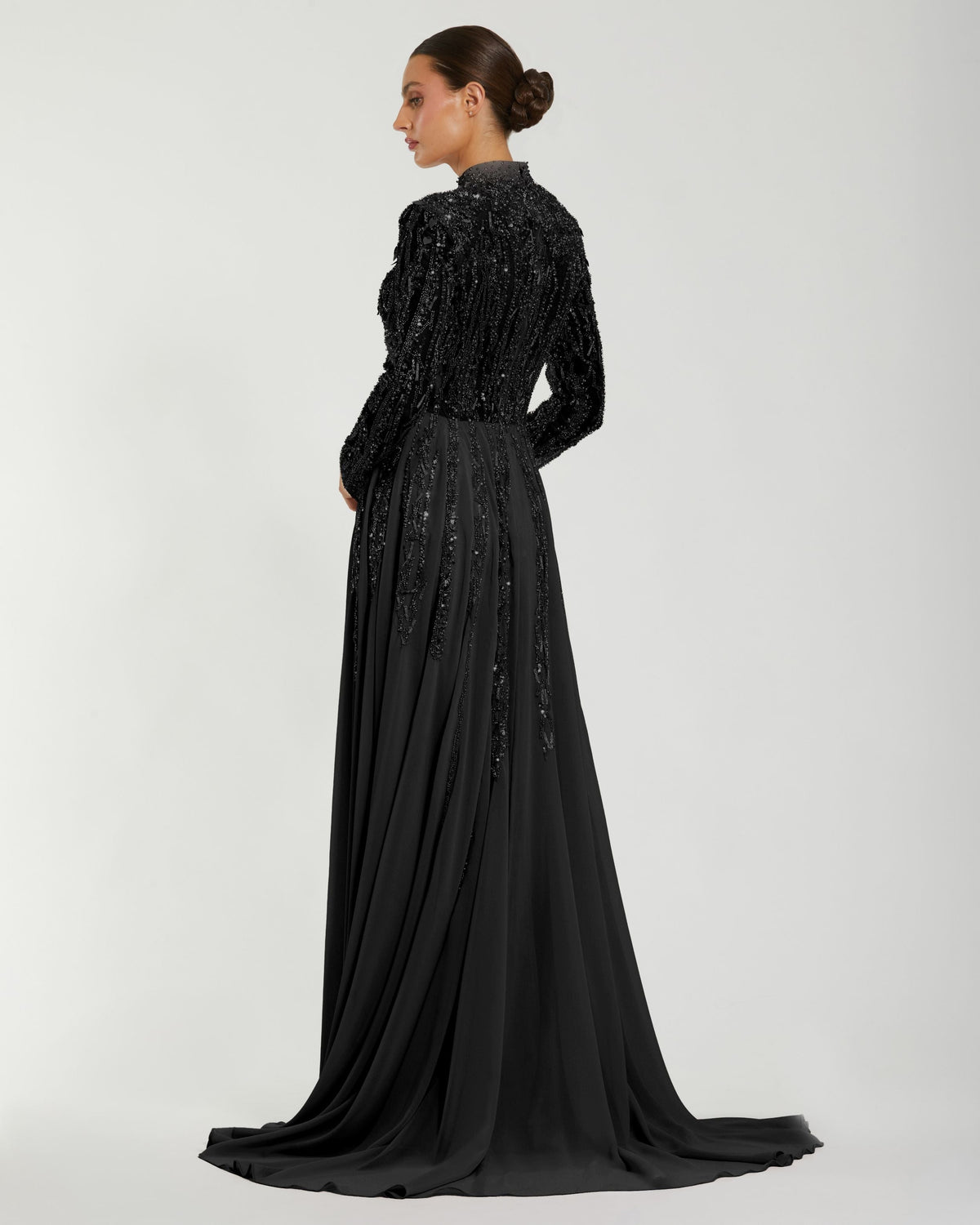 Mac Duggal #37037 black embellished long sleeve gown with slit