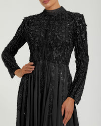 Mac Duggal #37037 black embellished long sleeve gown with slit