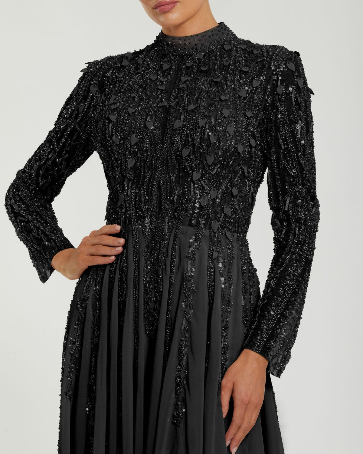 Mac Duggal #37037 black embellished long sleeve gown with slit