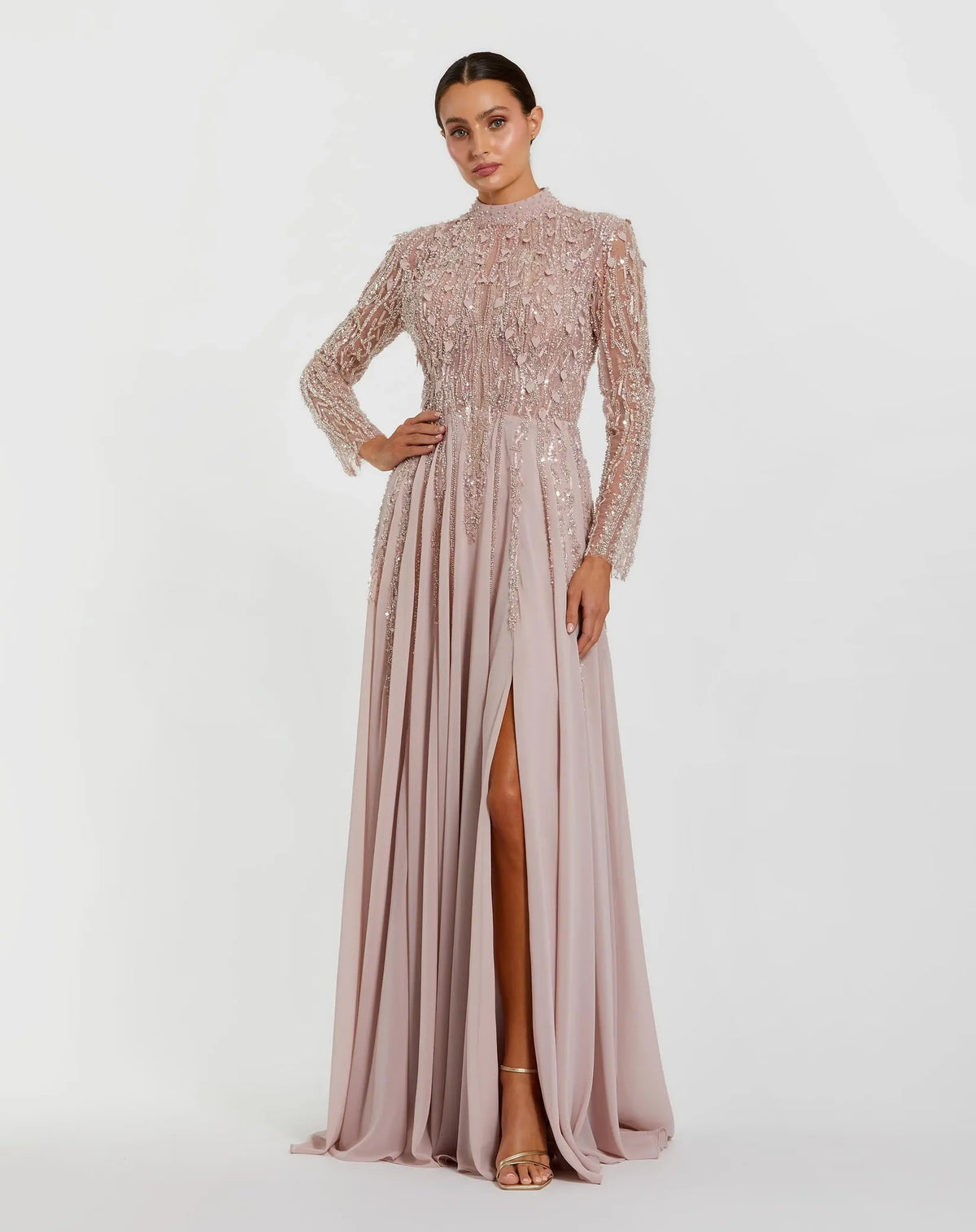 Mac Duggal Light Purple Embellished Long Sleeve Gown with Slit #37037 Modest Dress