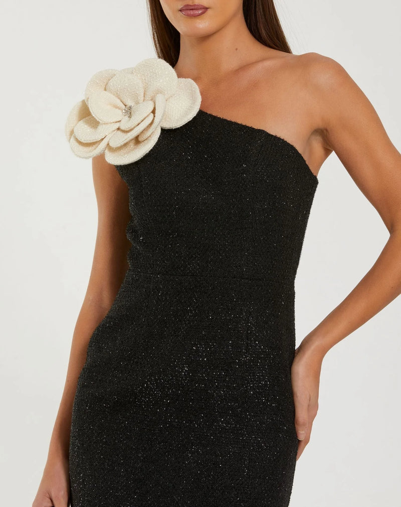 One Shoulder Boucle Midi Dress - Black