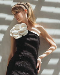 One Shoulder Boucle Midi Dress - Black