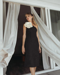 One Shoulder Boucle Midi Dress - Black