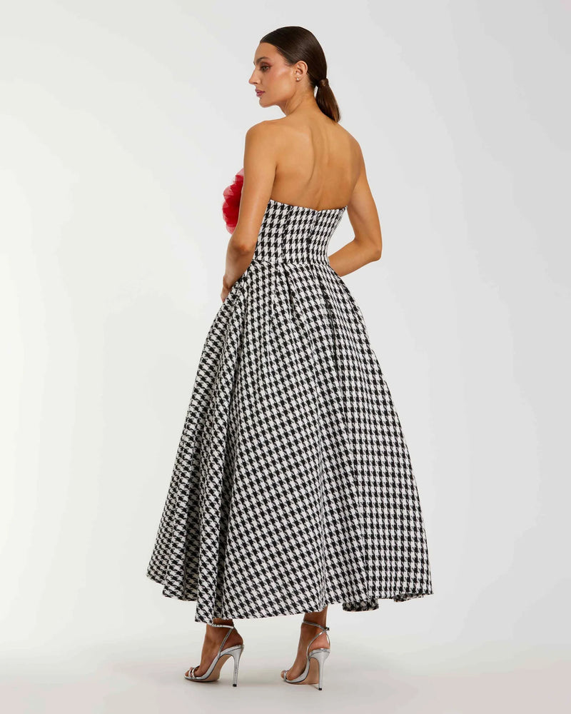 Mac Duggal Black and White Strapless Boucle A Line Midi Dress With 3D Flower #37068