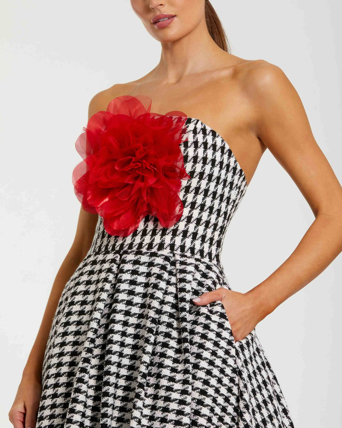 Black monochrome strapless boucle midi dress