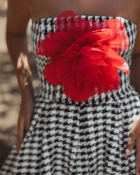 Mac Duggal Black and White Strapless Boucle A Line Midi Dress With 3D Flower #37068