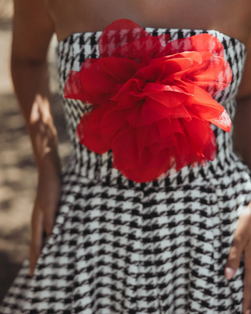 Mac Duggal Black and White Strapless Boucle A Line Midi Dress With 3D Flower #37068