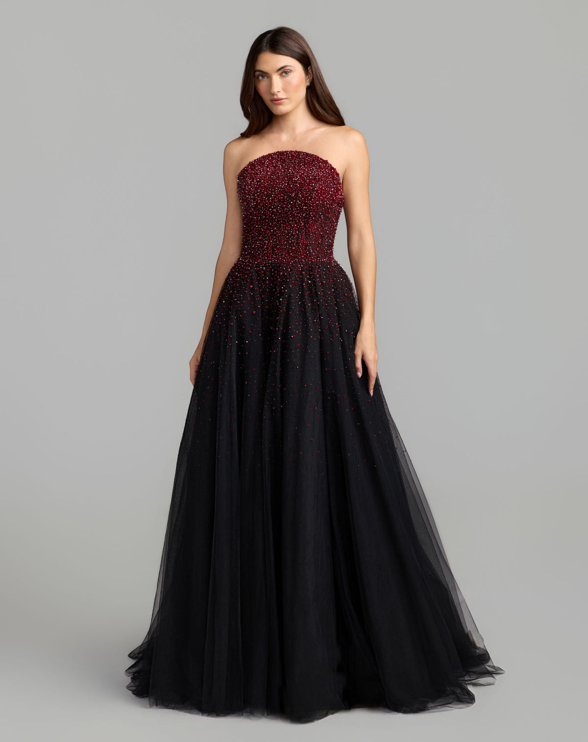 Mac Duggal #37084 red black embellished tulle strapless ball gown