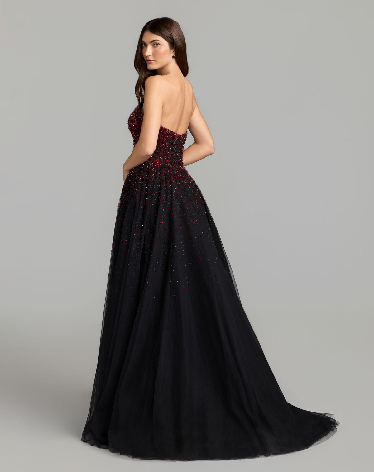 Mac Duggal #37084 red black ball gown back with train