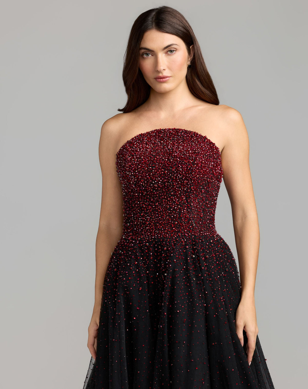 Mac Duggal #37084 red beaded bodice close-up