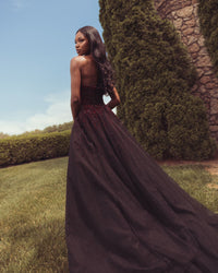 Mac Duggal #37084 red black ball gown back lifestyle