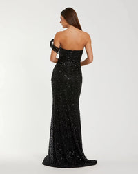 37085-Black-BK.jpg: Back view of the Black formal dress highlighting the uniform sequin pattern and the elegant small sweeping train.