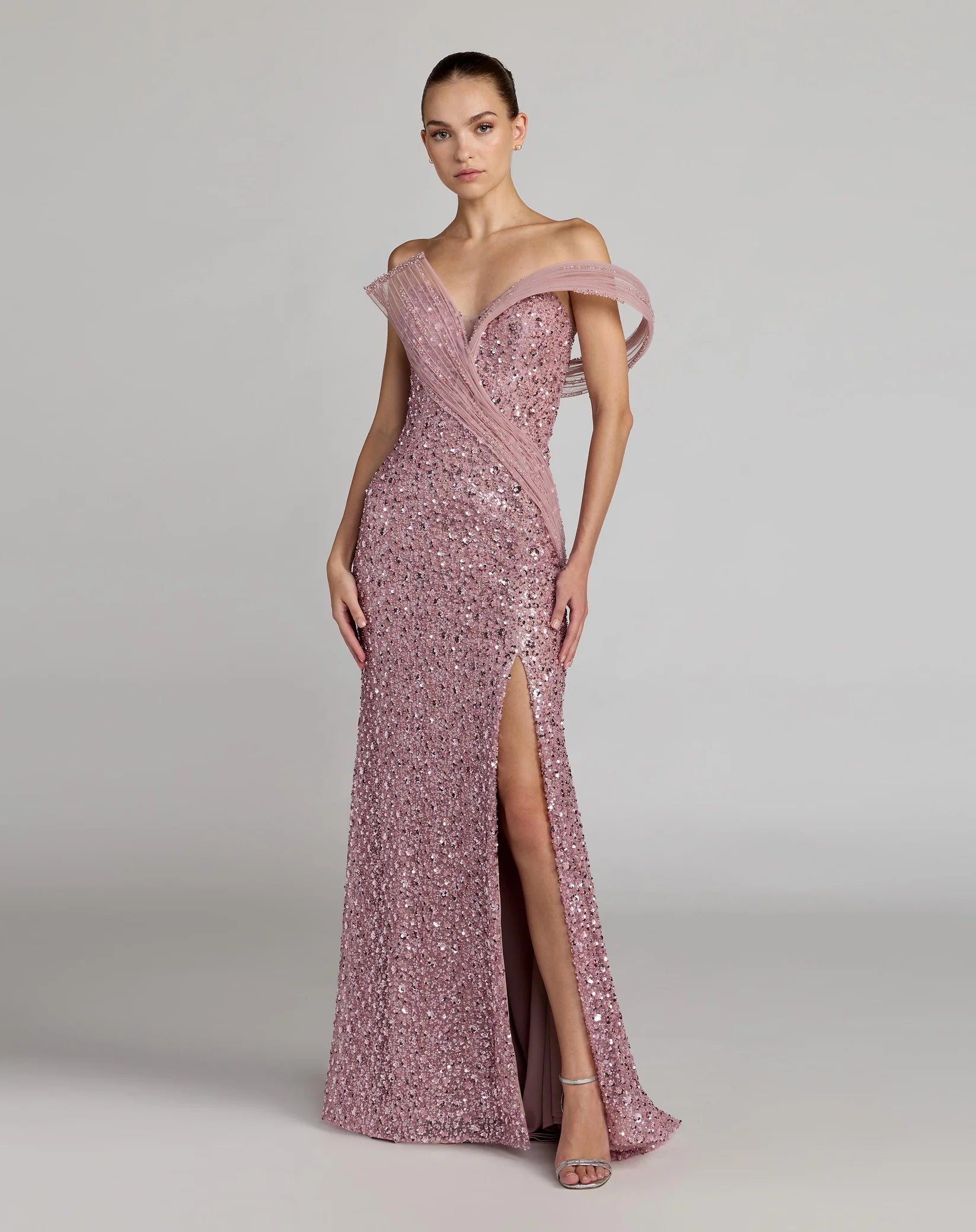 Mac Duggal Blush Embellished Strapless Gown with Sculptural Drape #37085 