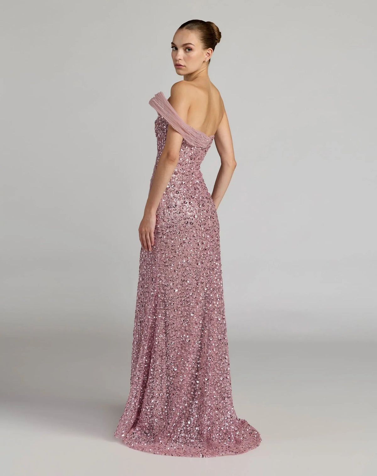 37085-Blush-AB.jpg: Full-length view of the strapless Blush evening gown showcasing the sculptural shoulder accent, beaded drape, and high side slit.