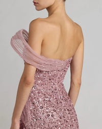 37085-Blush-BK.jpg: Back view of the Blush formal dress highlighting the uniform sequin pattern and the elegant small sweeping train.