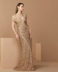Mac Duggal #37085 gold gown lifestyle side view