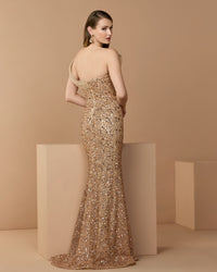 Mac Duggal #37085 gold gown lifestyle back view