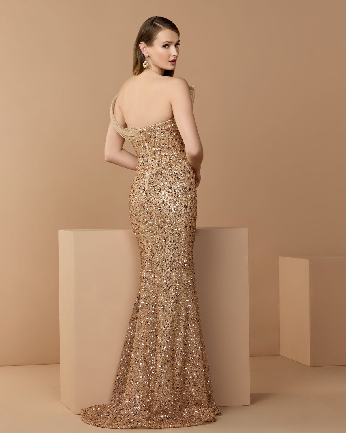 Mac Duggal #37085 gold gown lifestyle back view