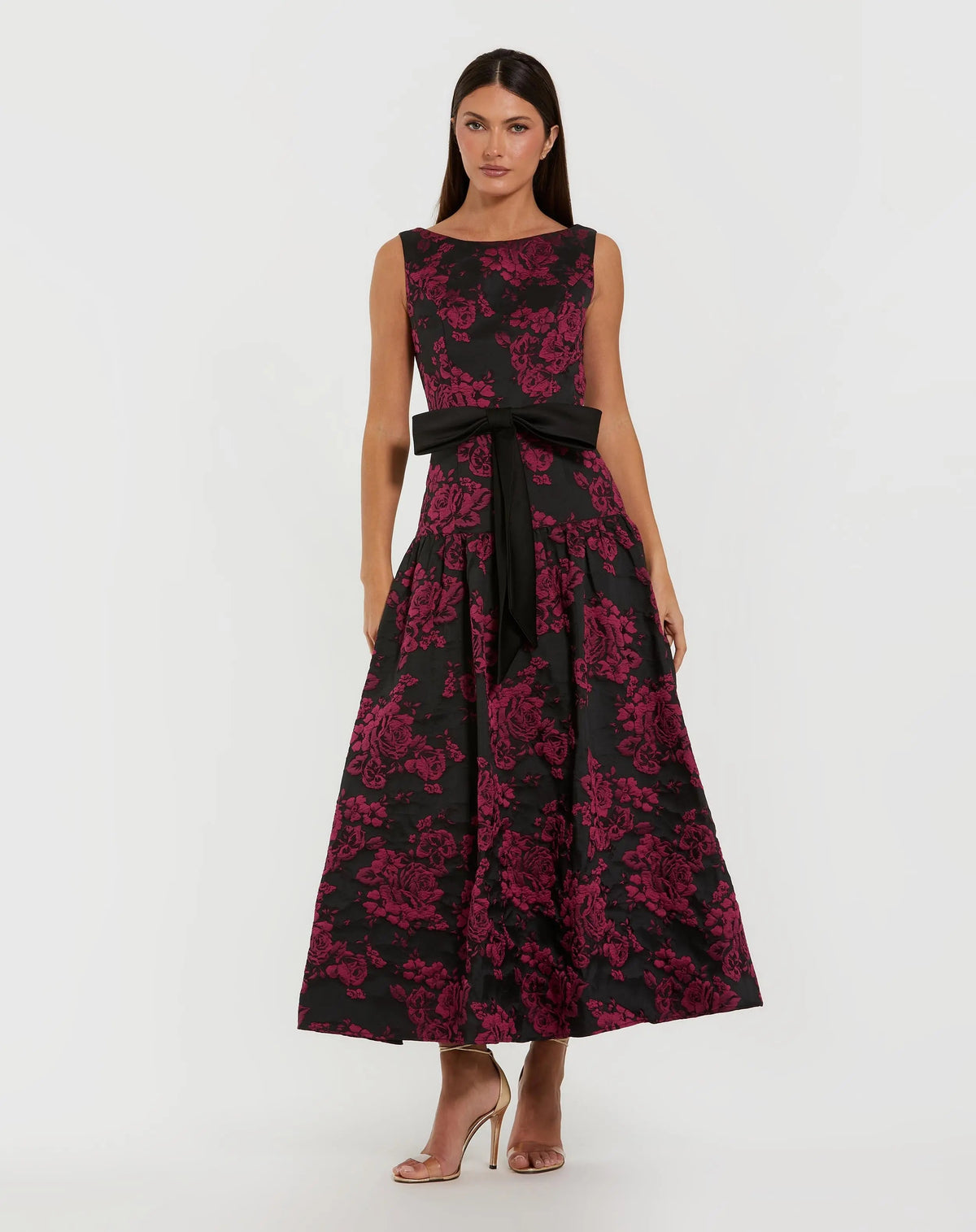 Magenta Brocade Drop Waist Midi Dress With Satin Bow