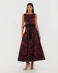 Magenta Brocade Drop Waist Midi Dress With Satin Bow
