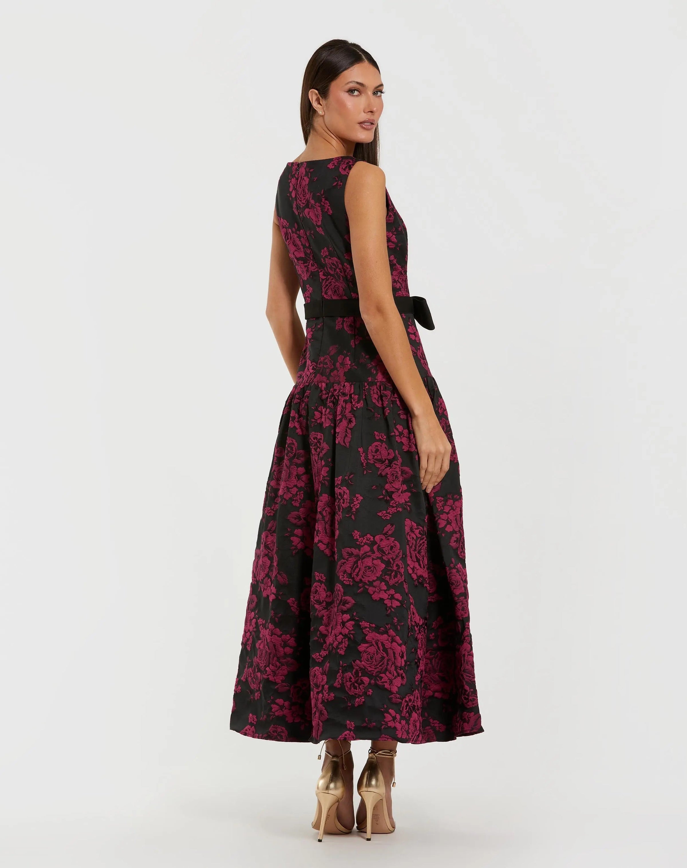 Magenta Brocade Drop Waist Midi Dress With Satin Bow - Back