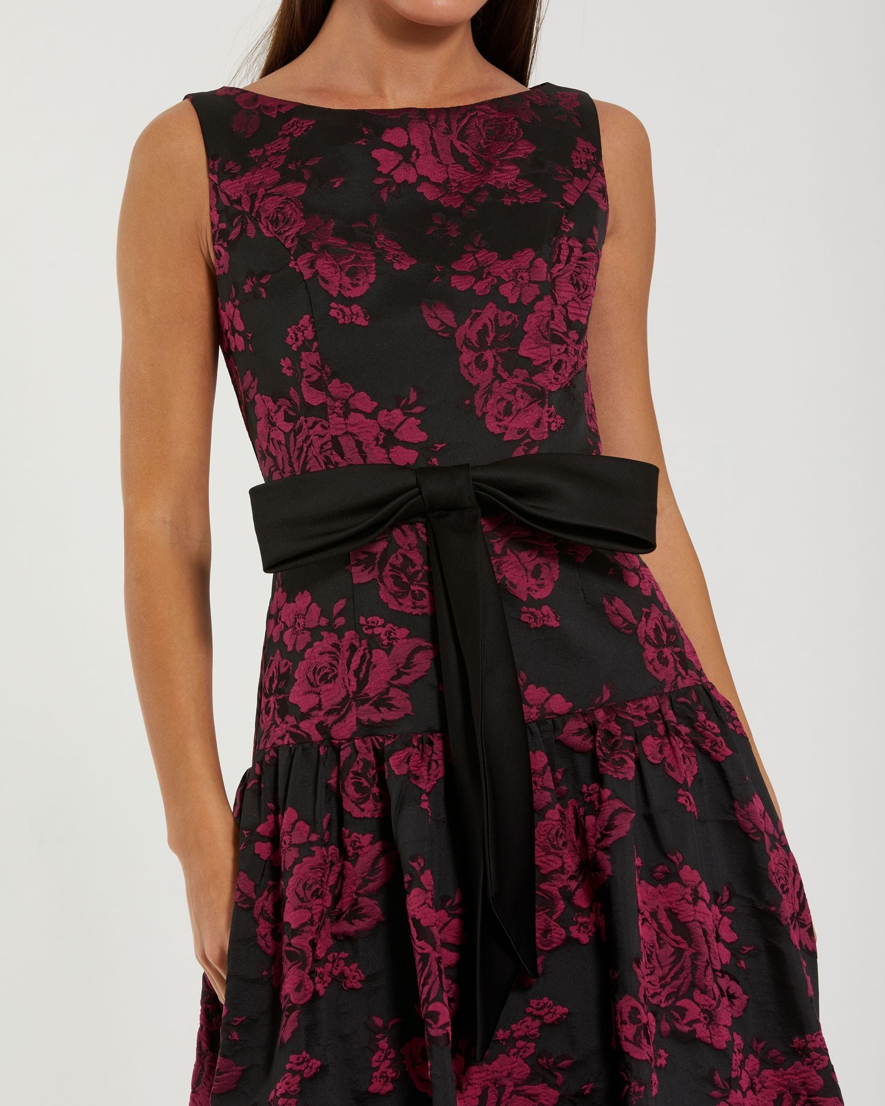 Magenta Brocade Drop Waist Midi Dress With Satin Bow - Close Up