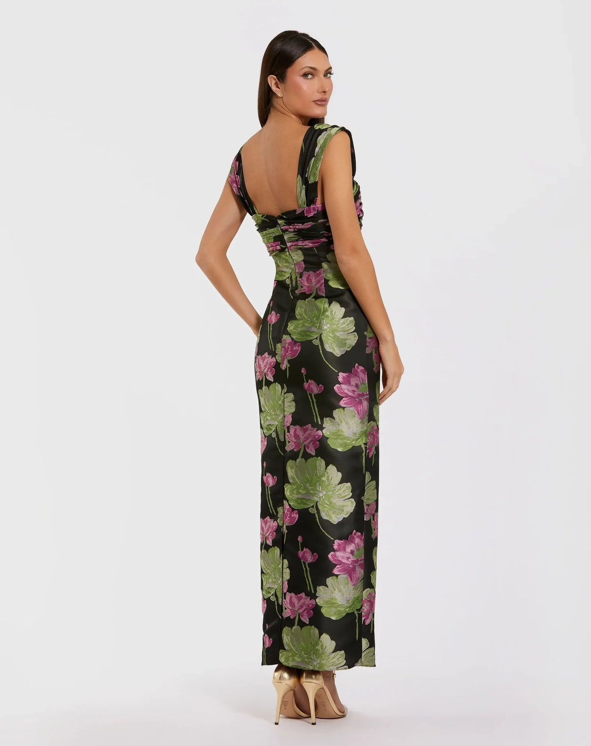 Mac Duggal Black Floral Brocade Wide Strap Ankle Length Dress With Ruffle #37095
