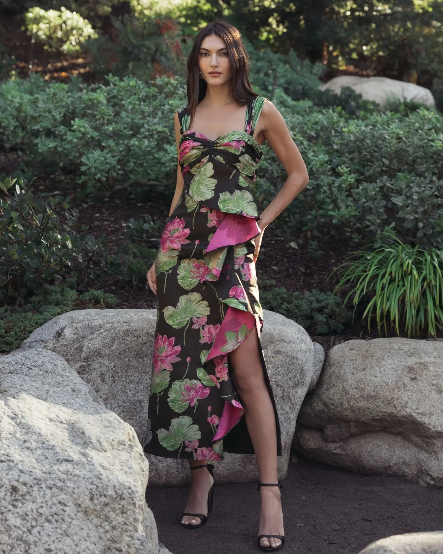 Mac Duggal Black Floral Brocade Wide Strap Ankle Length Dress With Ruffle #37095