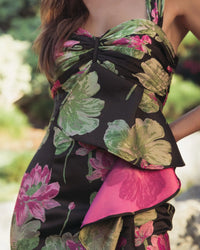 Mac Duggal Black Floral Brocade Wide Strap Ankle Length Dress With Ruffle #37095