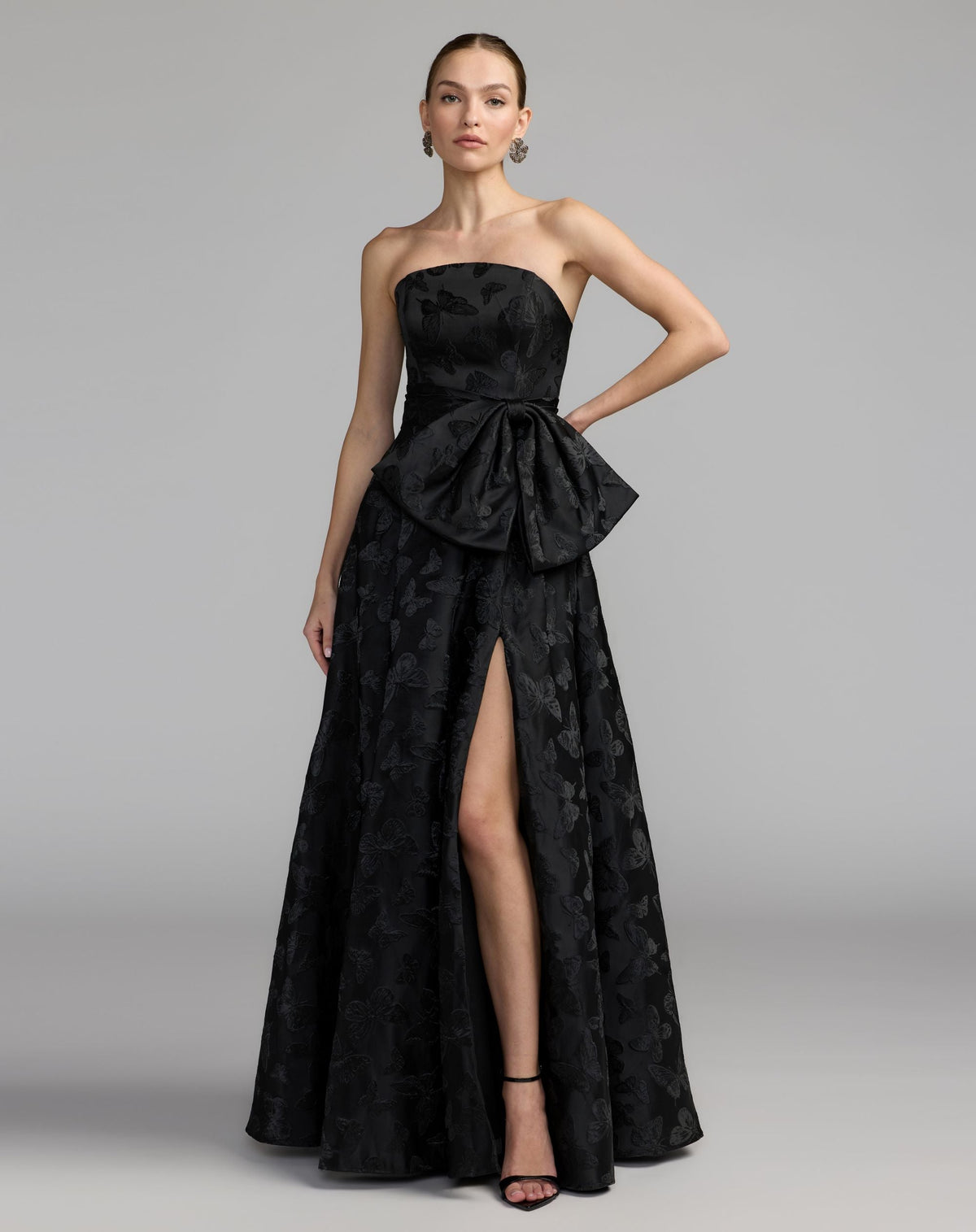 Mac Duggal #37097 black strapless brocade a-line gown with bow