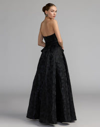 Mac Duggal #37097 black strapless brocade a-line gown with bow back view