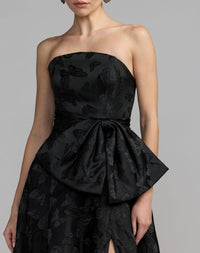 Mac Duggal #37097 black strapless brocade a-line gown with bow close-up