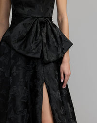 Mac Duggal #37097 black strapless brocade a-line gown with bow close-up