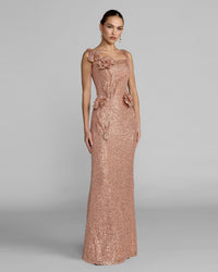 Light Pink Sequin Column Gown With 3D Flowers