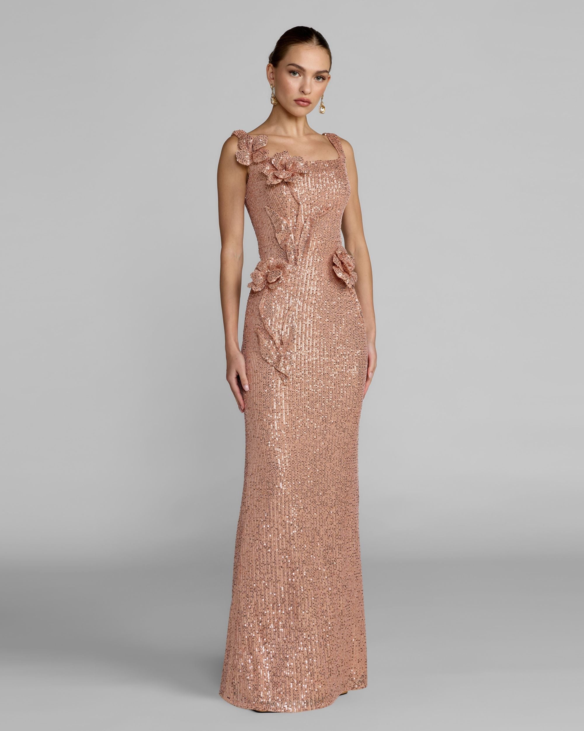 Light Pink Sequin Column Gown With 3D Flowers