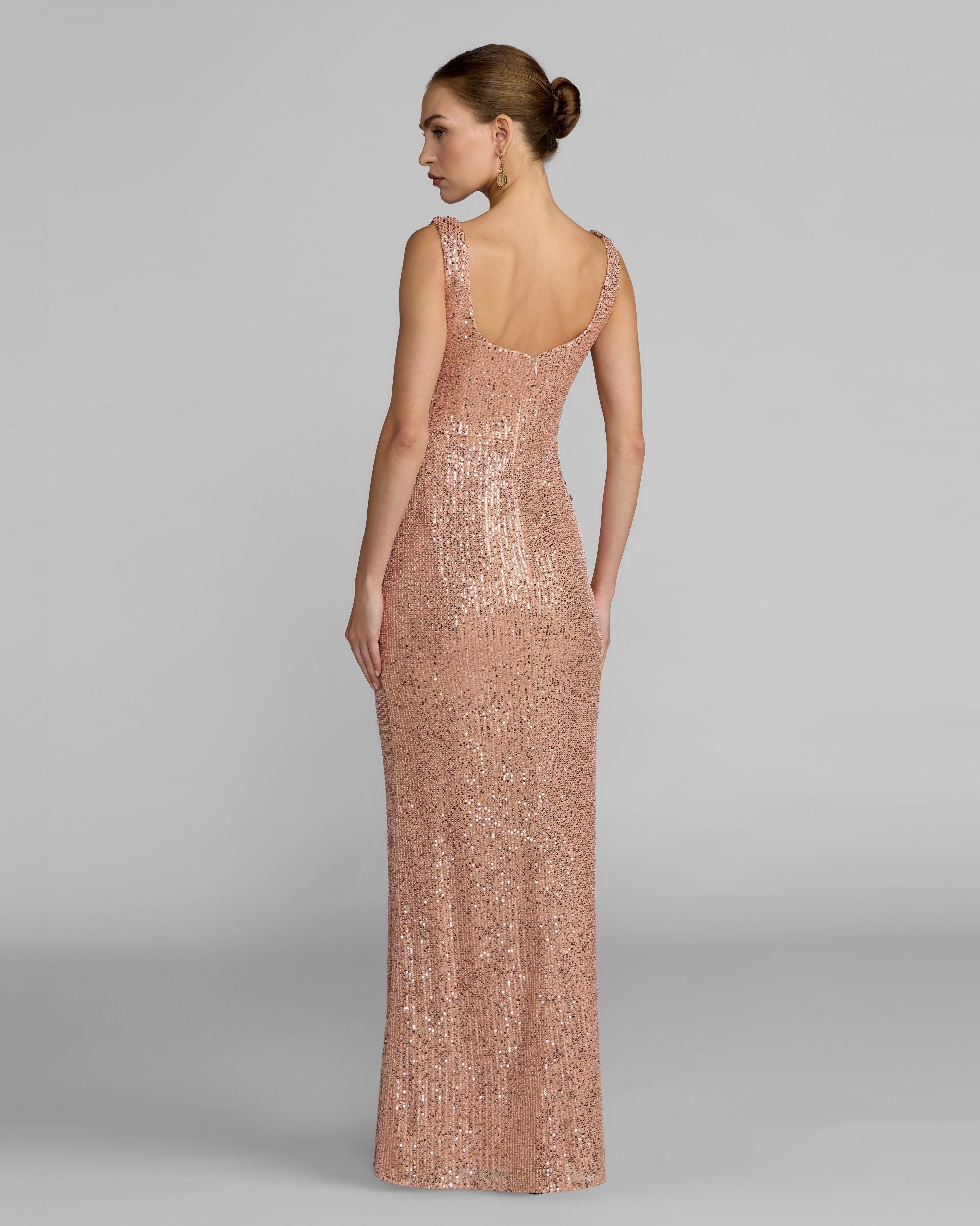 Light Pink Sequin Column Gown With 3D Flowers - Back