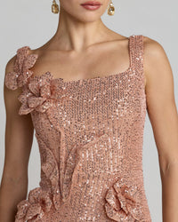 Light Pink Sequin Column Gown With 3D Flowers - Close Up