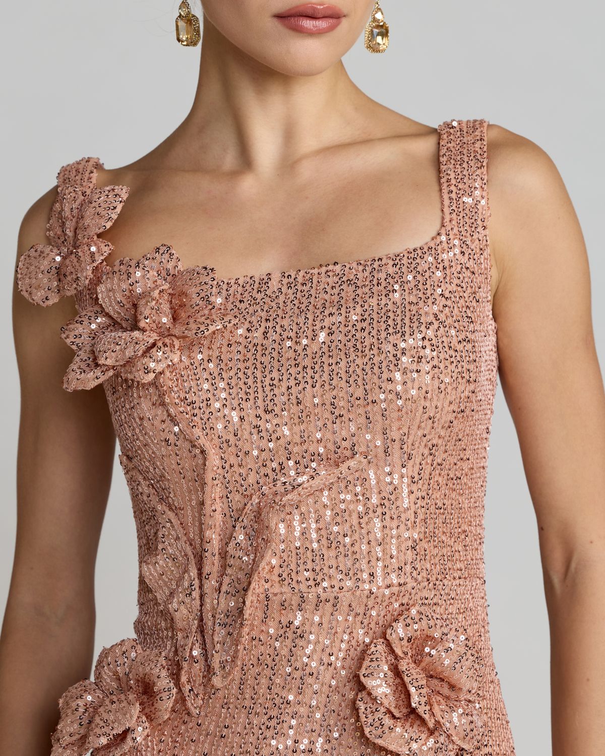 Light Pink Sequin Column Gown With 3D Flowers - Close Up