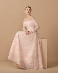 Pink embroidered illusion long sleeve ball gown