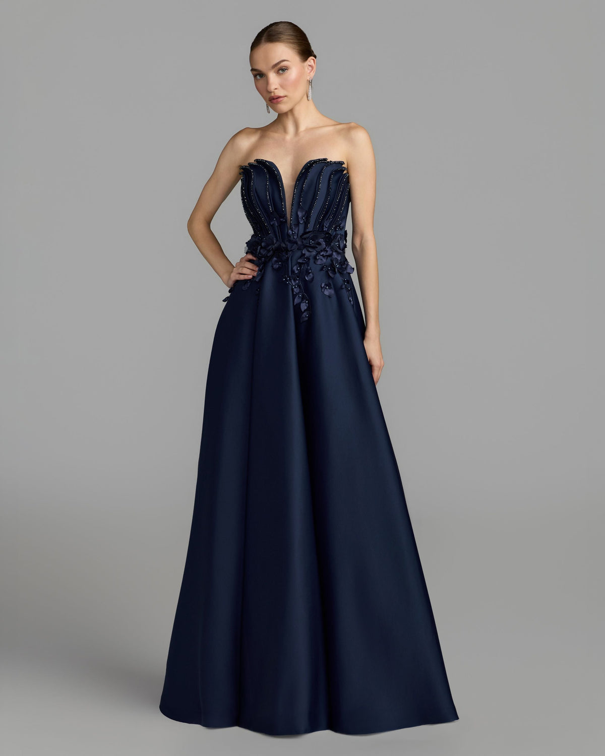 Mac Duggal #37134 navy strapless satin floral embellished ball gown