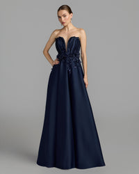 Mac Duggal #37134 navy strapless satin floral embellished ball gown
