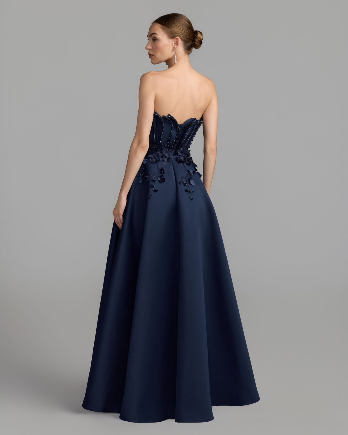 Mac Duggal #37134 navy satin ball gown back view