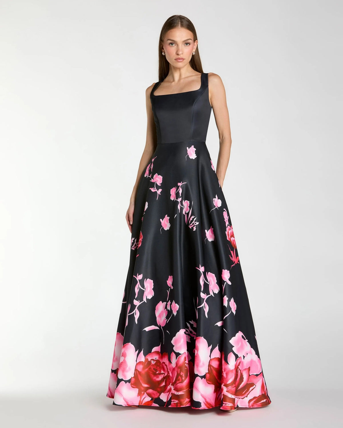Mac Duggal Black Square Neck Floral Print Ball Gown #37149 Black Multi