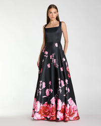 Mac Duggal Black Square Neck Floral Print Ball Gown #37149 Black Multi
