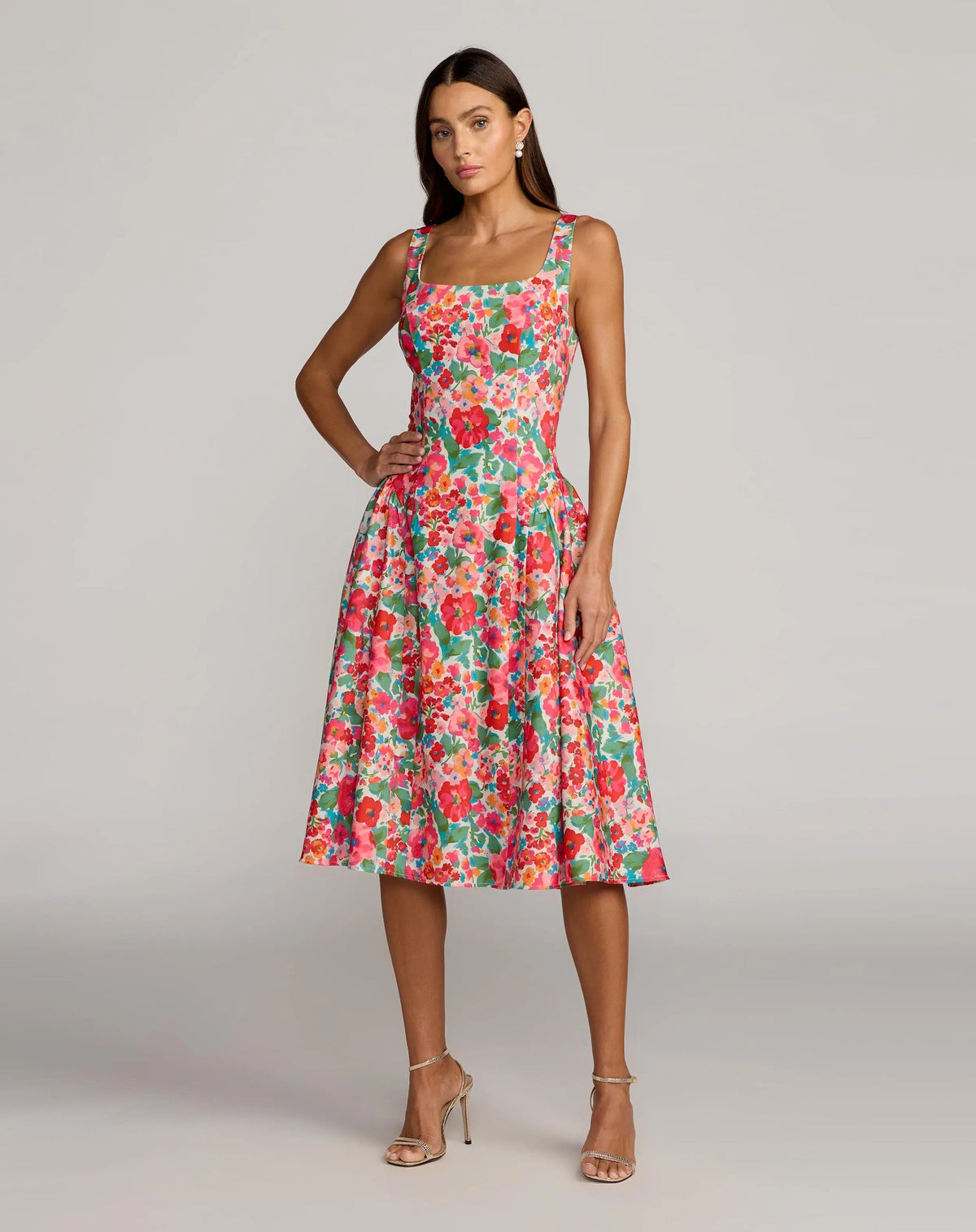 Mac Duggal Multicolor Sleeveless Floral A-Line Midi Dress Style #37155 Pink Multi
