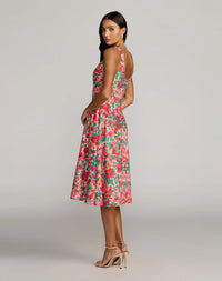 Back view of the Pink Multi crepe dress highlighting the elegant scoop back design and concealed rear zipper closure.