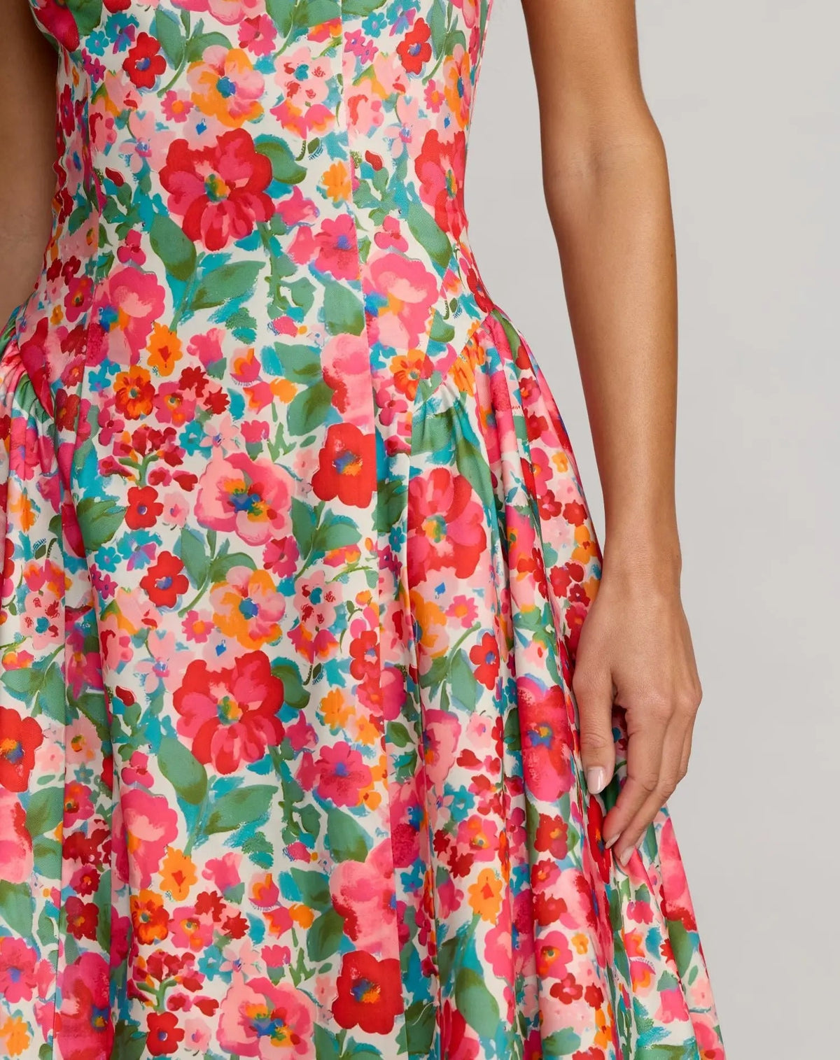 Close-up studio view focusing on the clean lines of the square neckline and wide shoulder straps on the Pink Multi colorway.